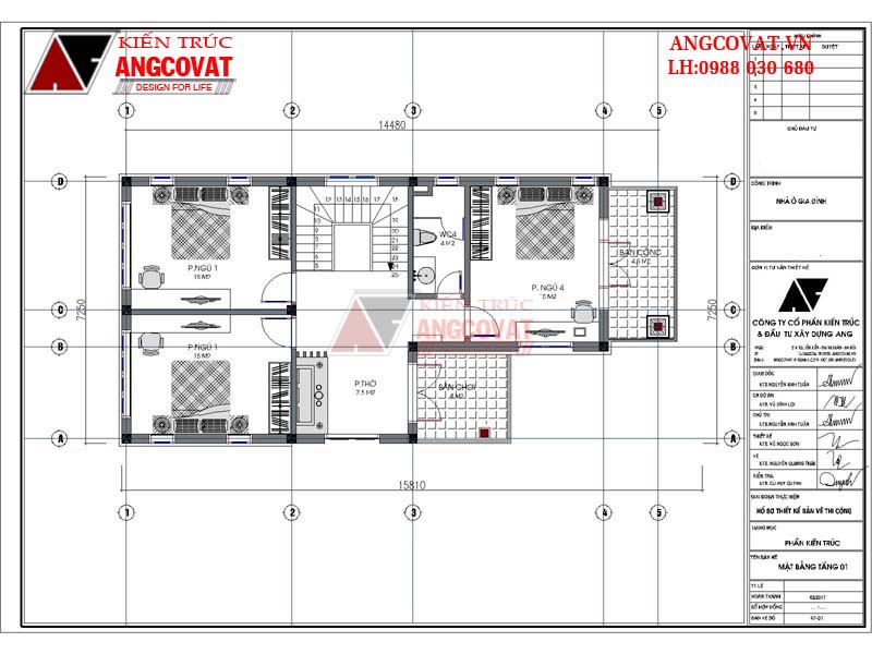 Mặt bằng tầng 2 của mẫu thiết kế nhà biệt thự 2 tầng 100m2