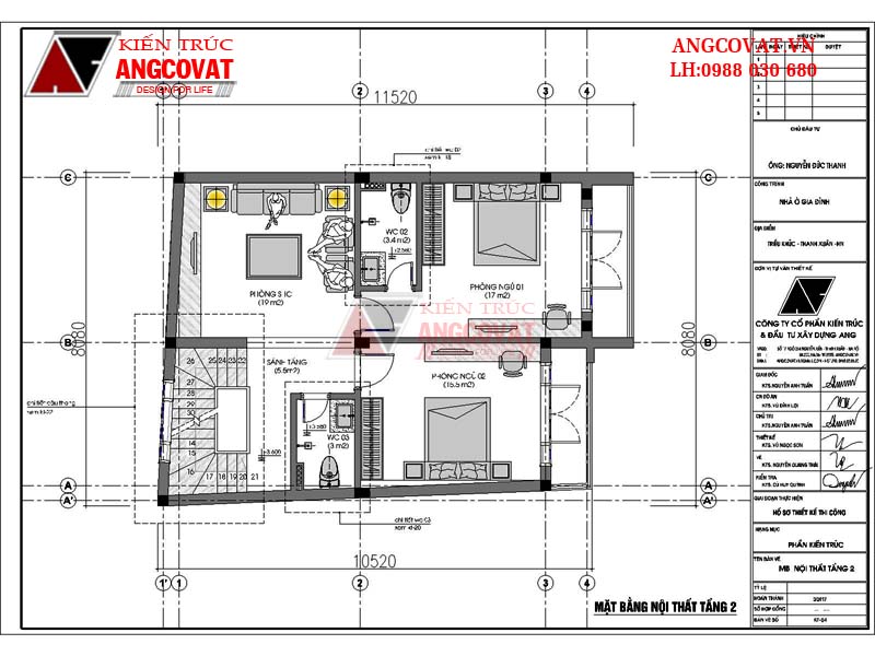 Mặt bằng tầng 2 của mẫu thiết kế nhà 3 tầng diện tích 70m2 đẹp