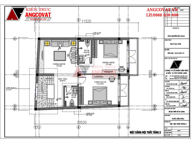 Mặt bằng tầng 3 của mẫu thiết kế nhà 3 tầng diện tích 70m2 đẹp